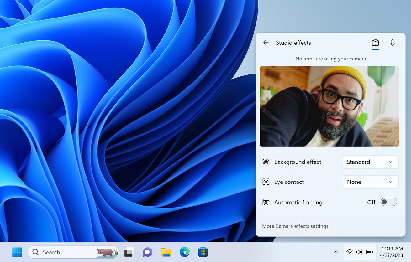 Screenshot of Windows Studio effects in the quick settings on Windows 11.