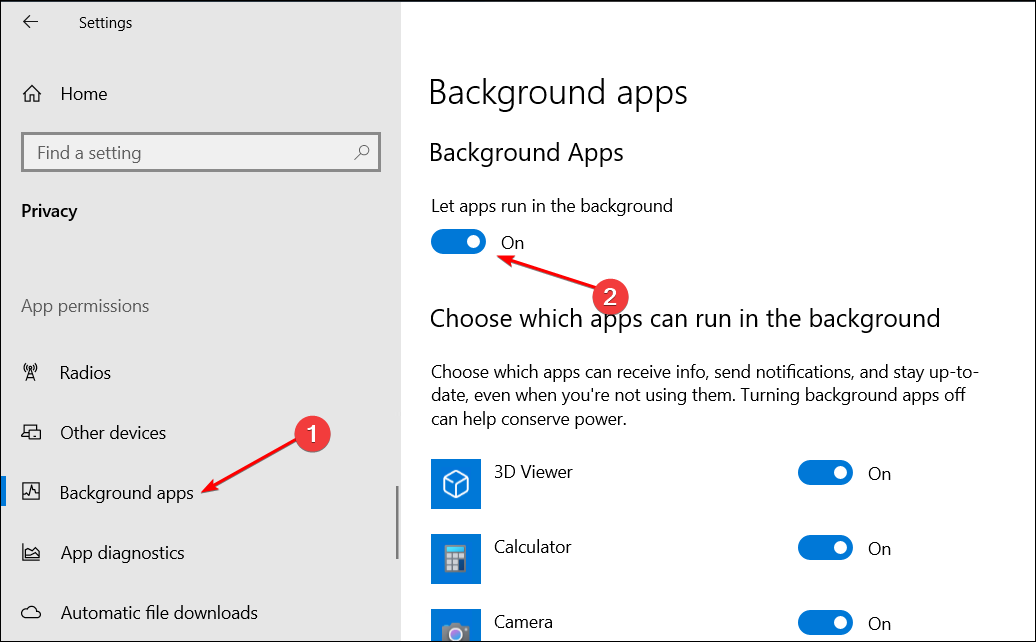Windows 10 Settings App showing the Background apps configuration screen.