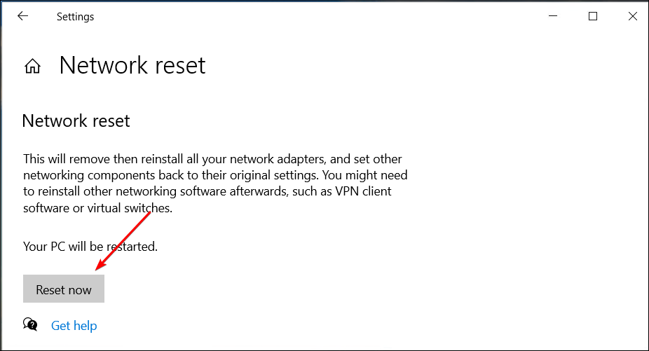 Windows 10 Settings app showing the reset now option screen.