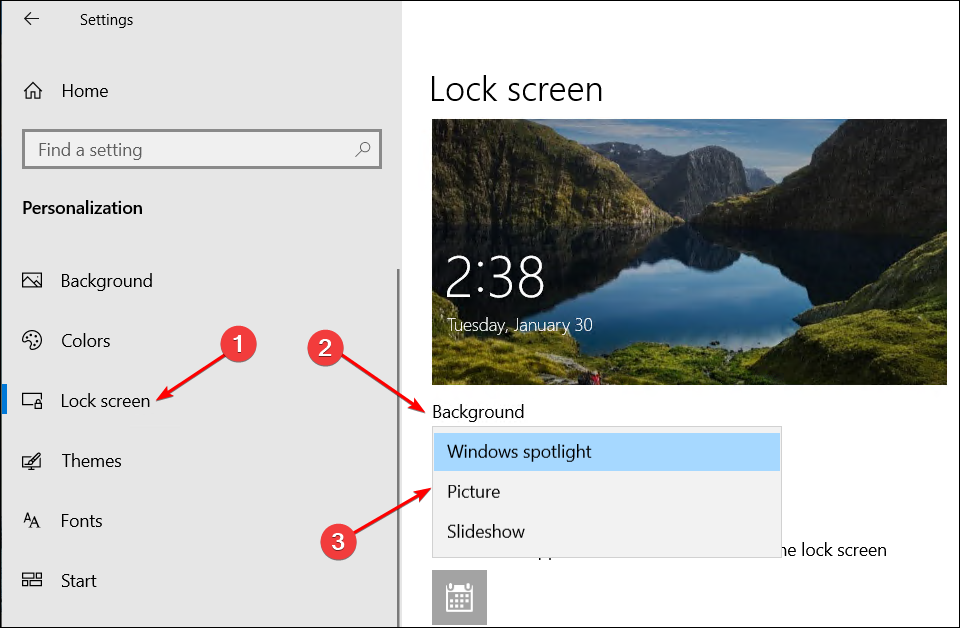 Windows 10 settings app showing the Windows Spotlight personalization option.