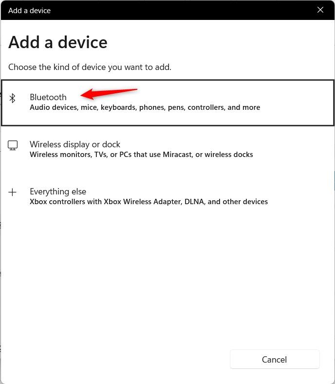 Windows 11 Add a device window highlighting Bluetooth option. 