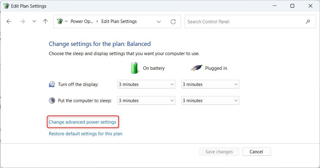 Windows 11 Edit Plan Settings window highlighting 'Change advanced power settings' option.