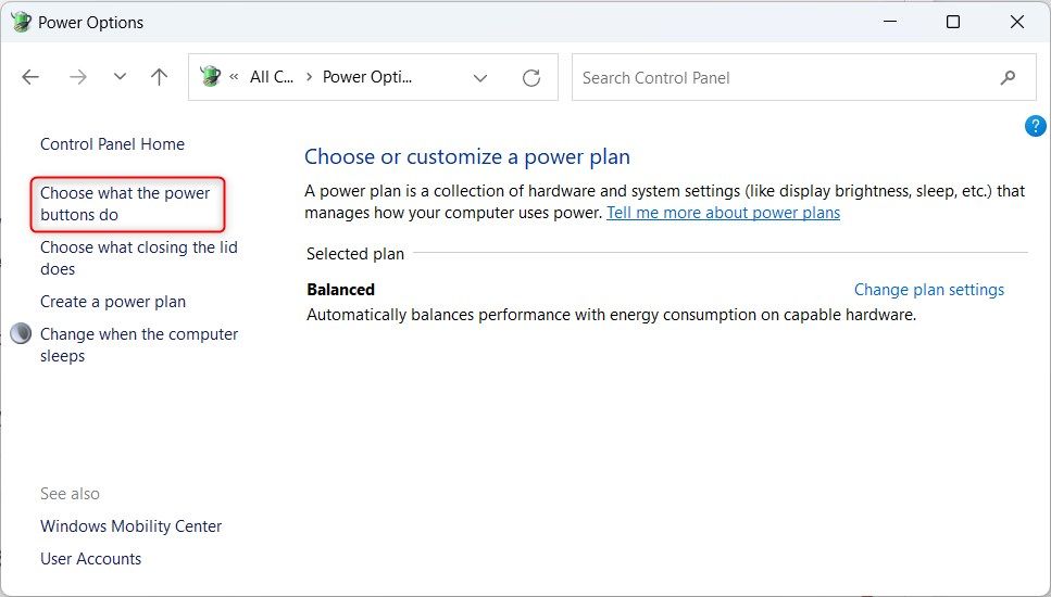 Windows 11 Power Options window highlighting 'Choose what the power button do' option. 