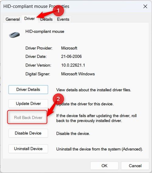 Windows 11 mouse Properties window highlighting 'Roll Back Driver' option. 