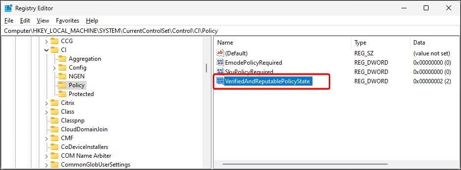 Windows 11 Registry Editor showing the 'VerifiedAndReputablePolicyState' value.