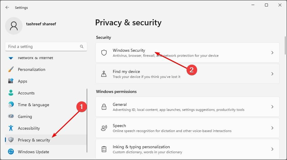 Windows 11 Privacy & security settings.