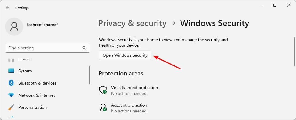 Windows 11 Settings app showing Open Windows Security option.