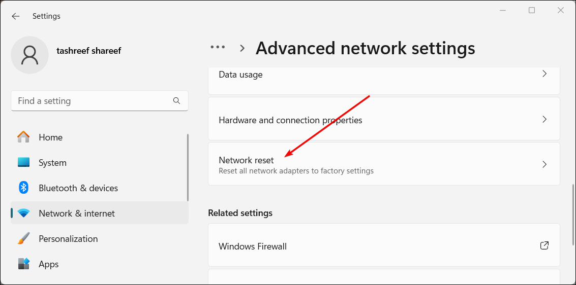 Windows 11 Settings app showing the Network reset option under Advanced network settings.