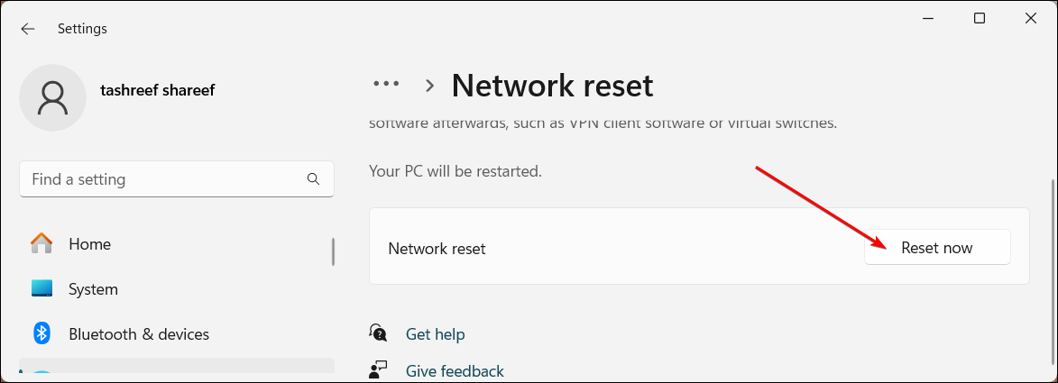 Windows 11 Settings app showing the Network reset option.