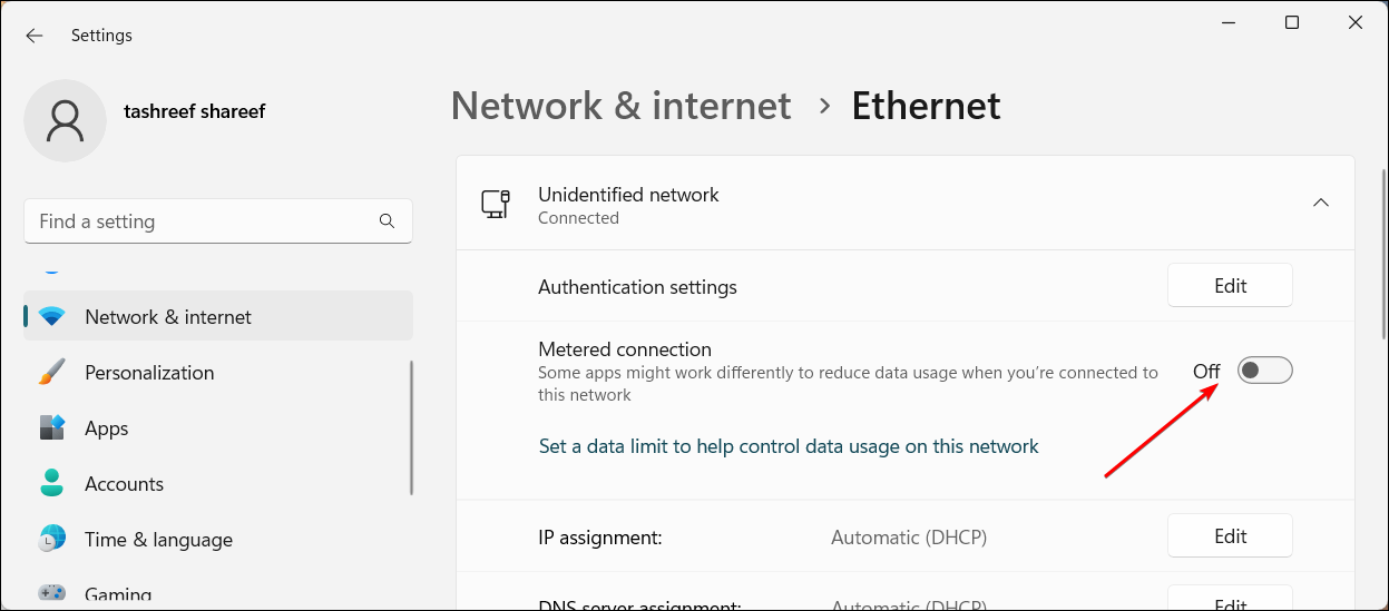 Windows 11 Settings app showing metered connection turned off for Ethernet screen.