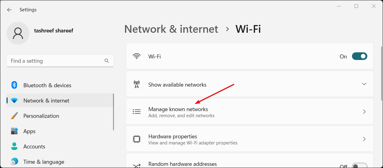 Windows 11 Settings app showing the Wi-Fi network screen.