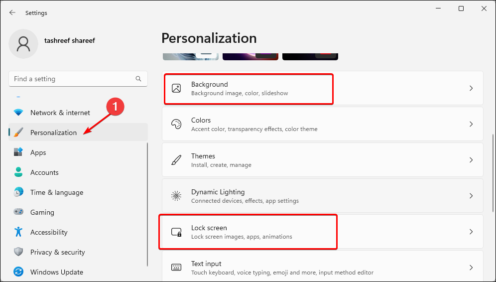 Windows 11 Settings showing the Personalization options.