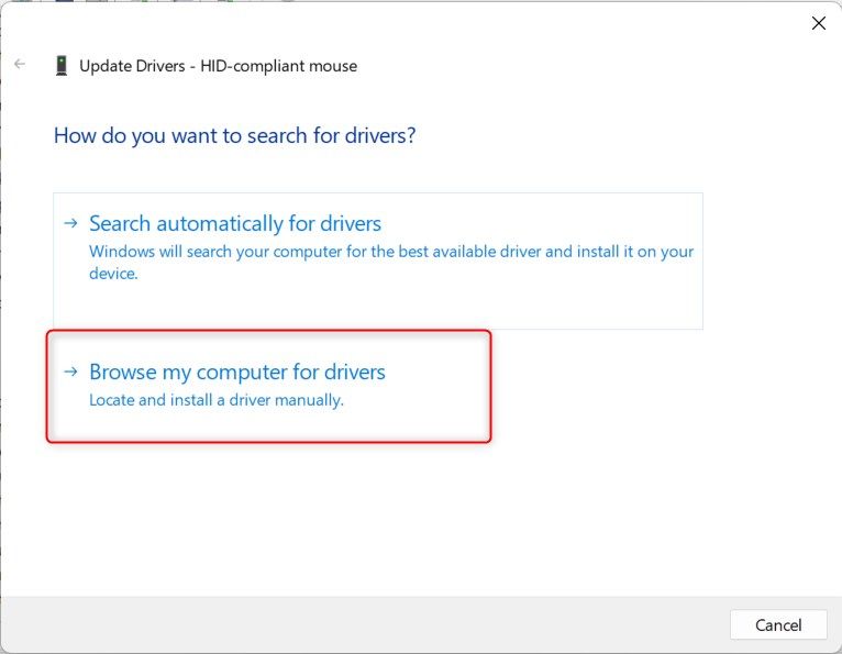 Windows 11 Update Drivers window highlighting 'Browse my computer for drivers' option. 