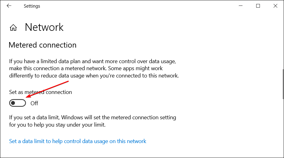 Windows 10 Settings app showing the metered connection for Ethernet screen.