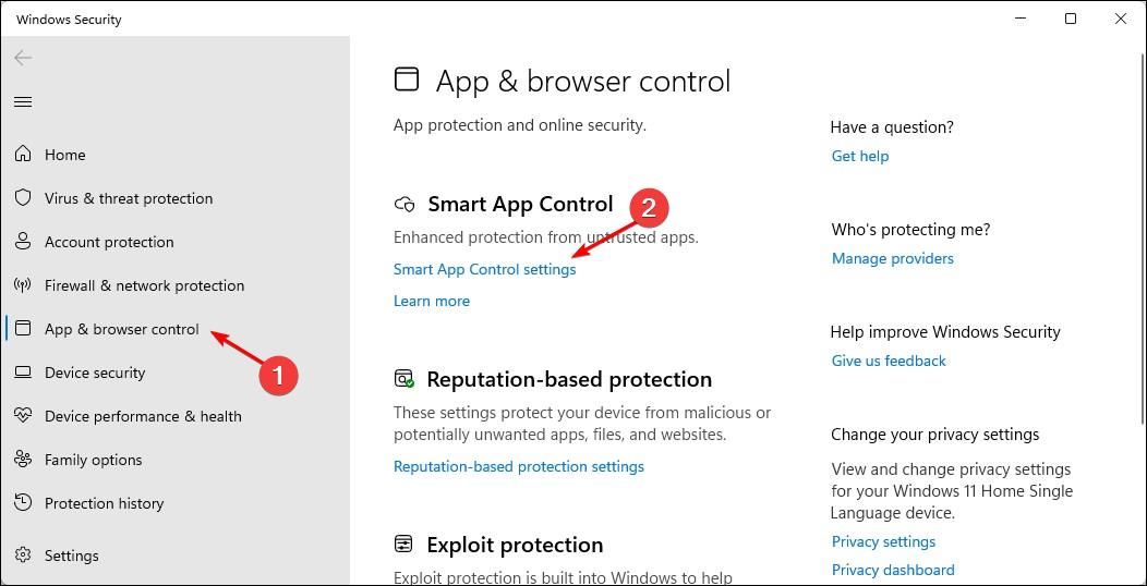 App and Browser Control tab selected in Windows Security.