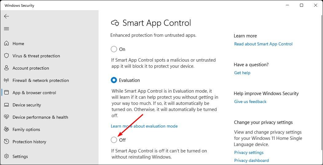 Windows Smart App Control settings to enable or disable.