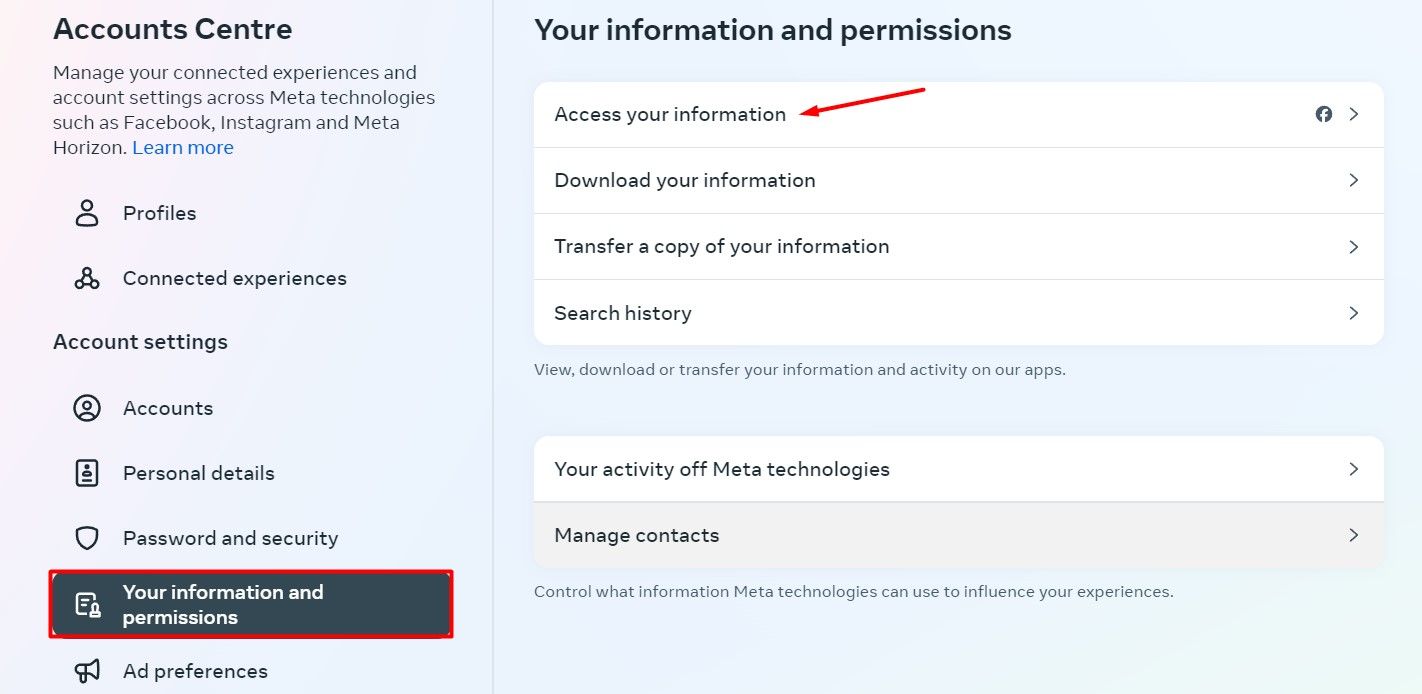Your Information and permissions option on Facebook Desktop.