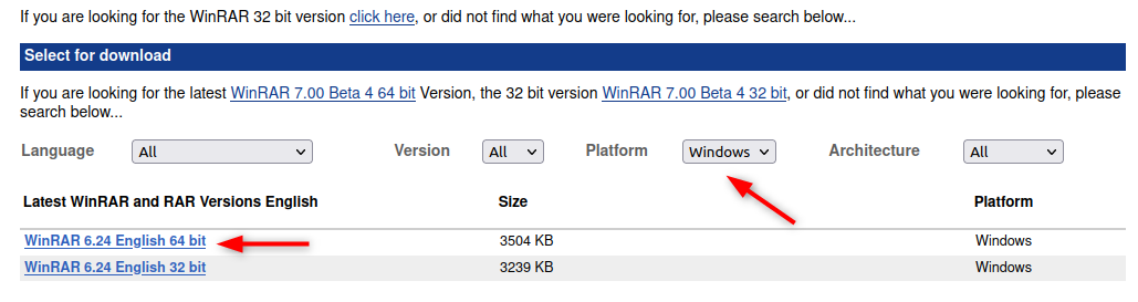 downloading WinRAR 64-bit version of windows from the official download page