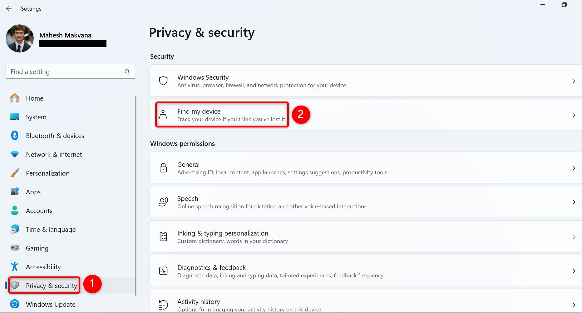 'Privacy & Security' and 'Find My Device' highlighted in Windows 11 Settings.