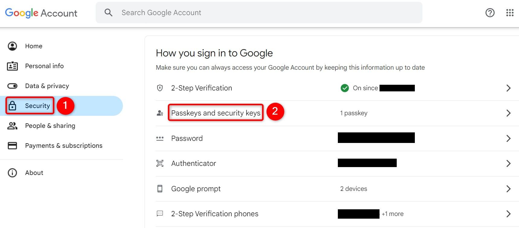 'Security' and 'Passkeys and Security Keys' highlighted on Google My Account site.