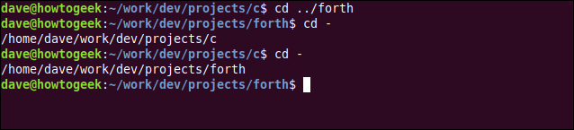Running 'cd ../forth' followed by two 'cd -' commands. 