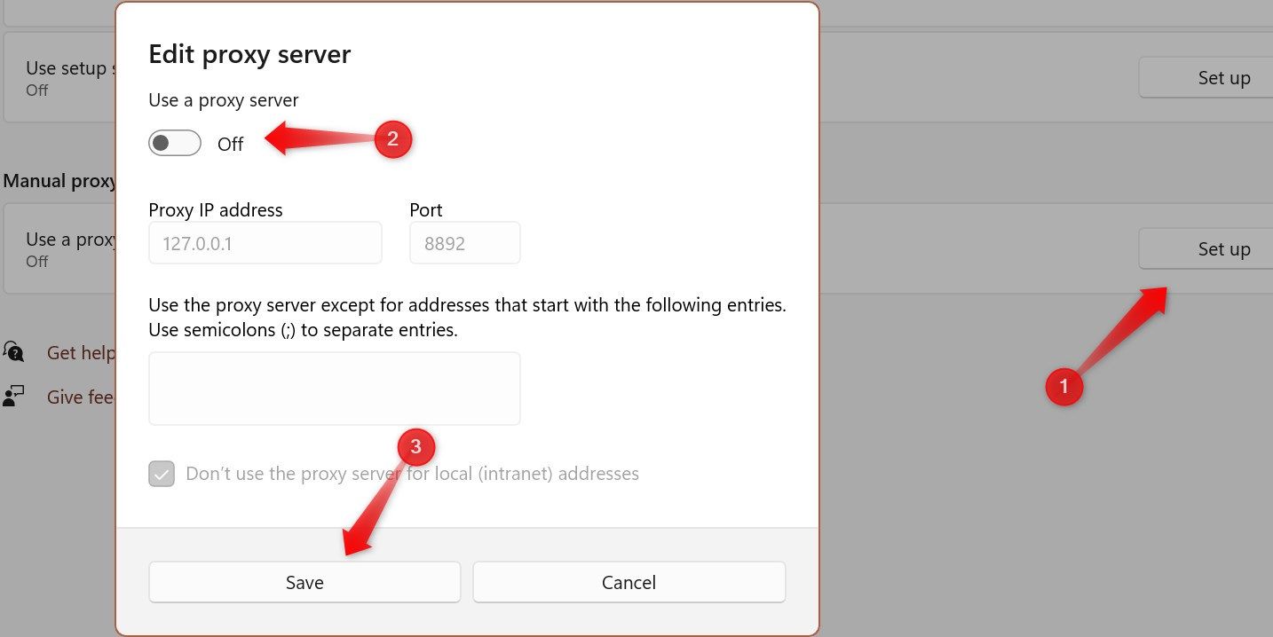 Turning off the manual proxy setup in the Windows Settings app.