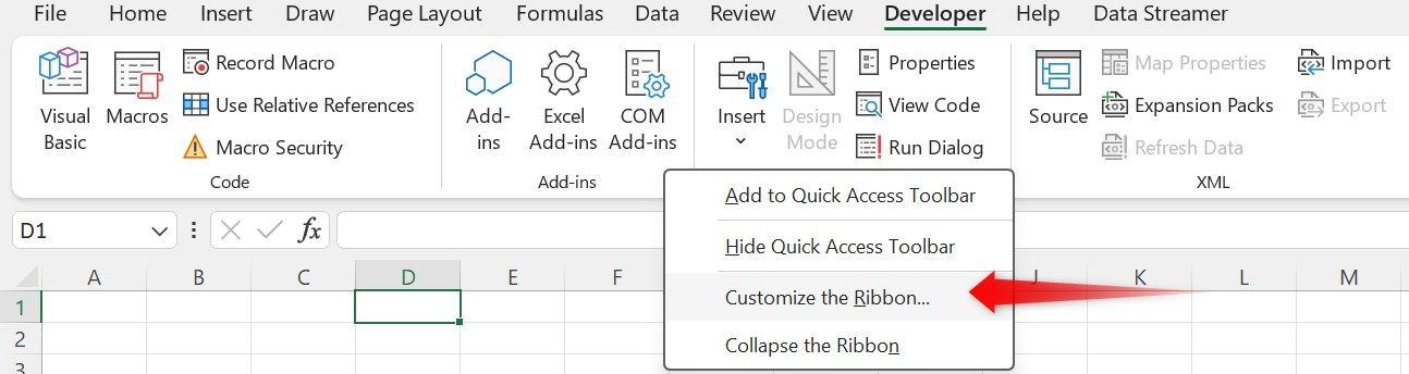Opening the 'customize the ribbon' option in Microsoft Excel.