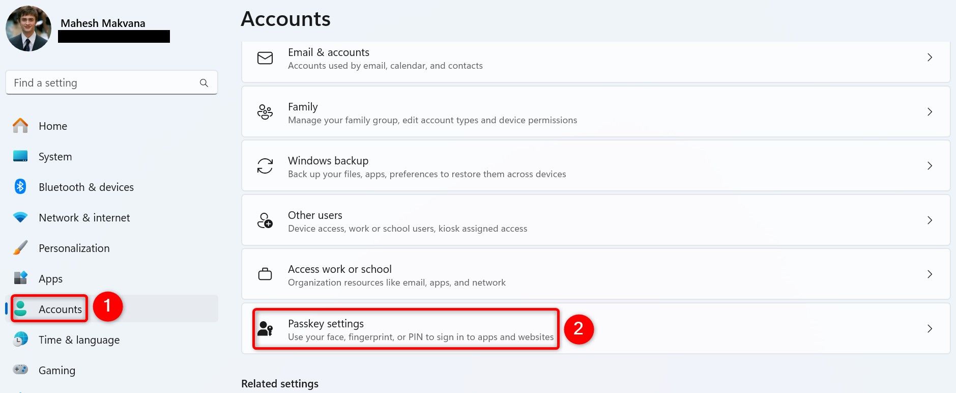 'Accounts' and 'Passkey Settings' highlighted in Windows 11 Settings.