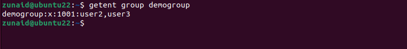 The Linux terminal displaying the current the members of a group in Linux after setting the members list using gpasswd