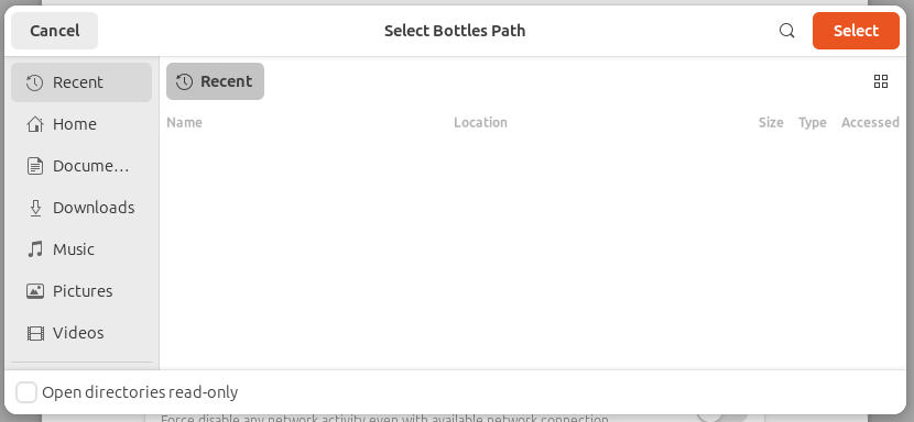 The file dialog that allows you to browse to a location and set it as the location for the bottles you create