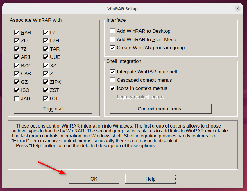 WinRAR wine installation setup with different settings related to file formats, interface, and integration