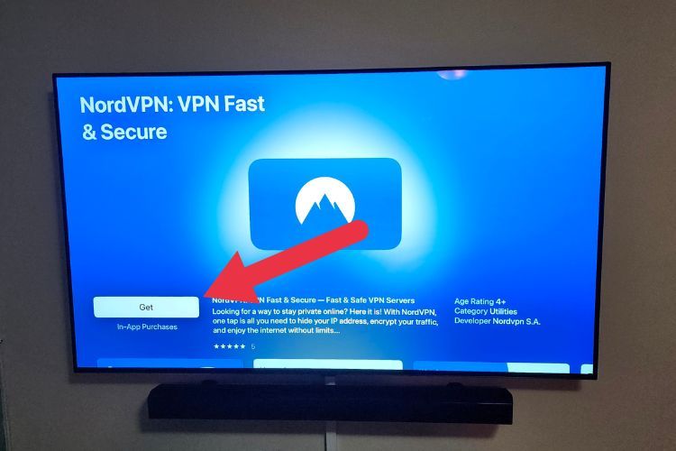 A TV showing the app page for NordVPN&rsquo;s Apple TV app