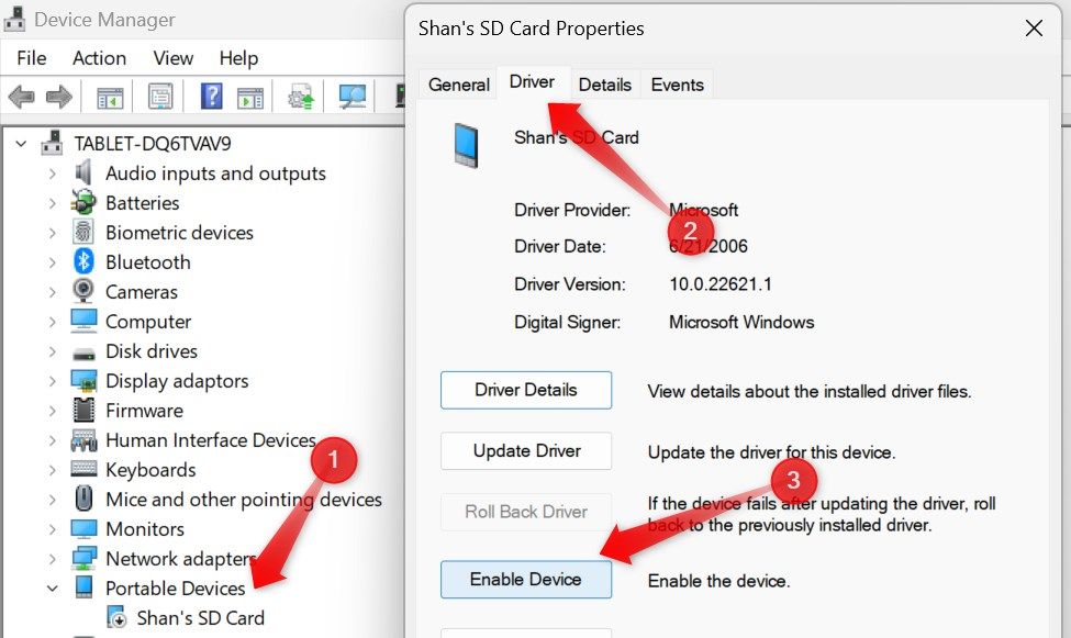 Enabling an SD card from Device Manager on Windows.