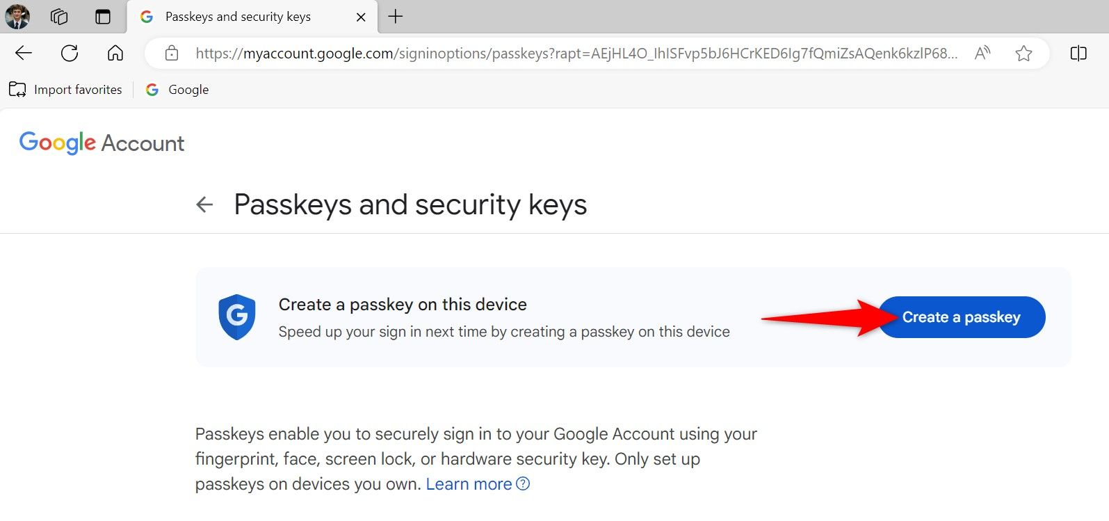 'Create a Passkey' highlighted on Google My Account site.