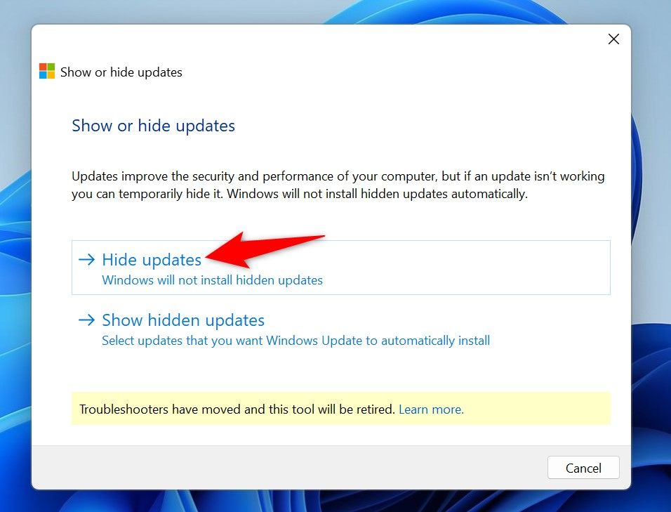 'Hide Updates' highlighted on the Show or Hide updates window.