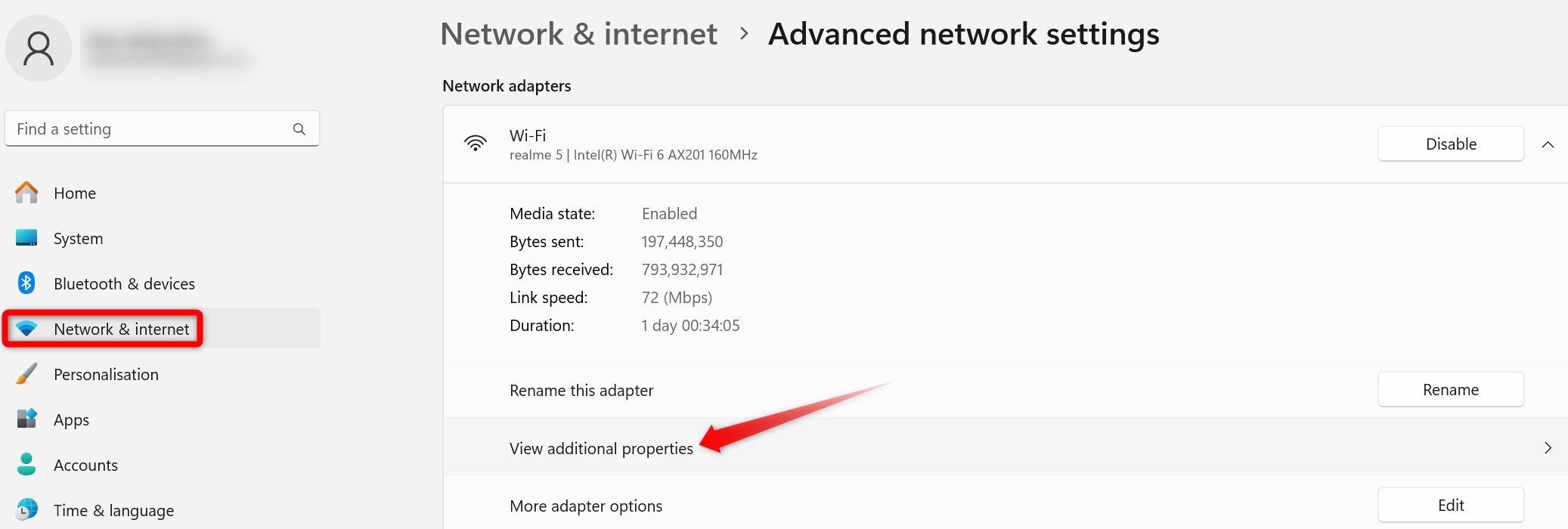 Opening the additional properties of a Wi-Fi network in the Windows Settings app.