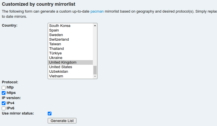 The Arch Linux mirror list generator web page