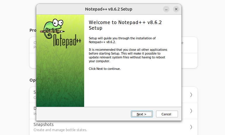 The Notepad++ installation dialog welcome screen