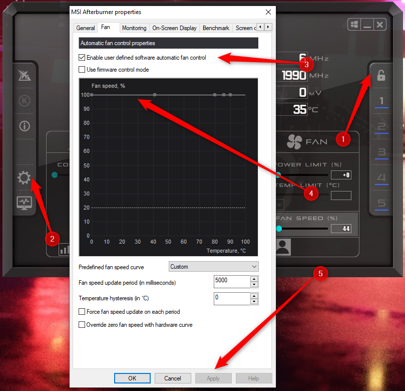 Đường cong quạt GPU trong MSI Afterburner với tốc độ quạt được đặt thành 100% ở mọi nhiệt độ.