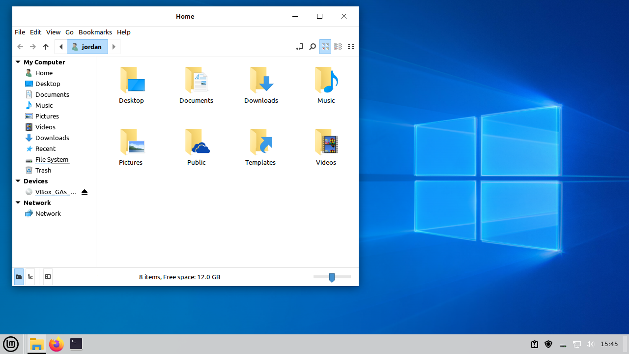 Cinnamon desktop environment with Windows 10 theme applied.