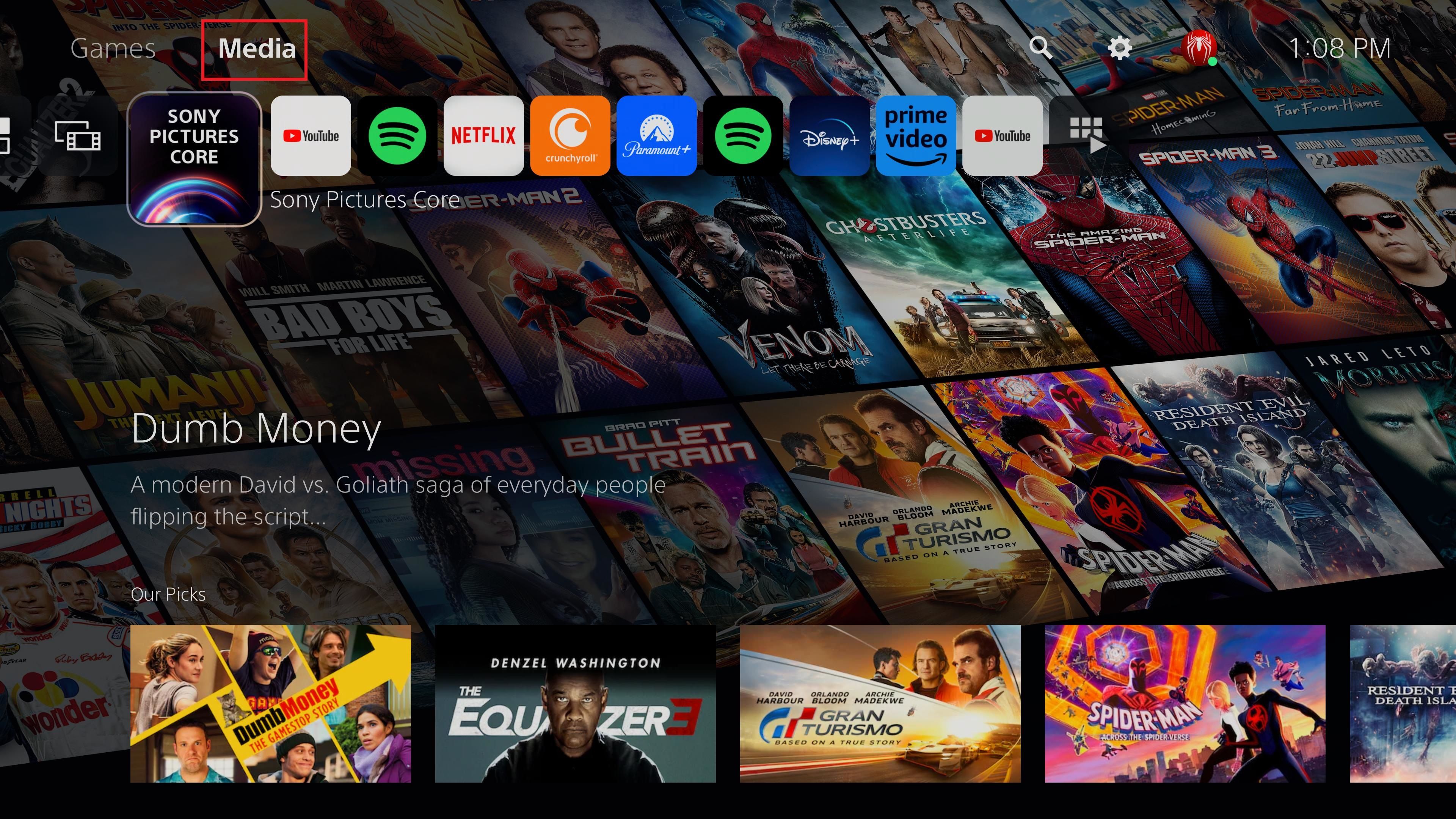 The &ldquo;Media&rdquo; tab on the PS5&rsquo;s home screen, where all streaming apps are accessible.