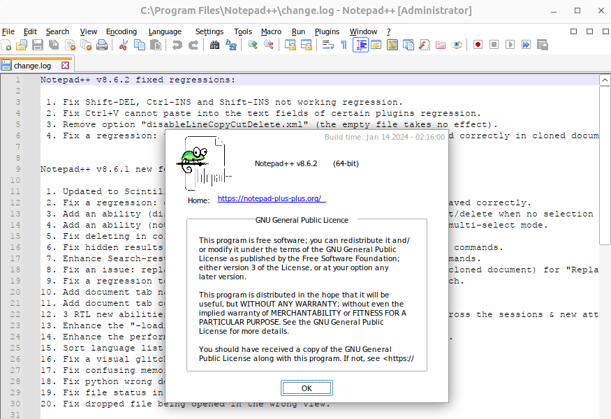 The Windows application, Notepad++ running on Linux