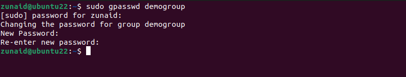The Linux terminal displaying the process of setting a new password for a group using the gpasswd command