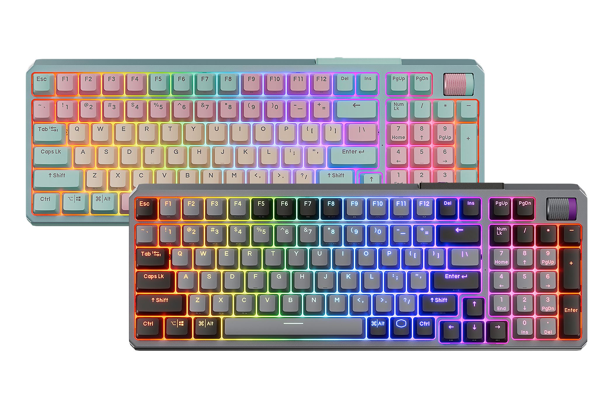 The Cooler Master MK770 keyboard in Space Gray and Macaron colorways.