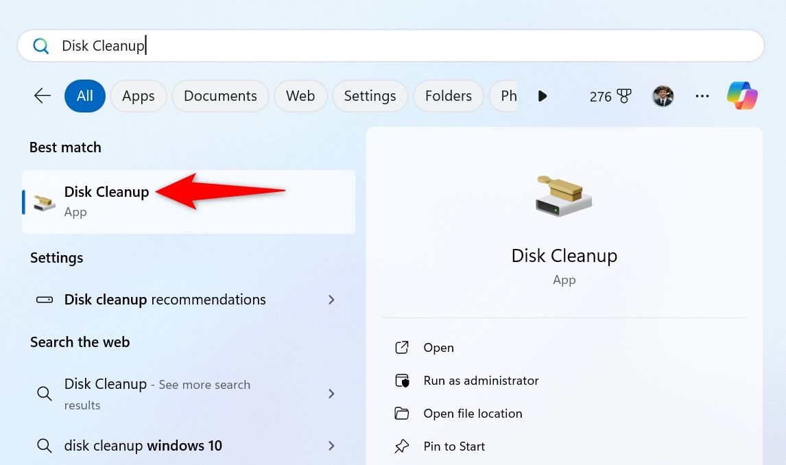 Disk Cleanup highlighted in Windows Search.