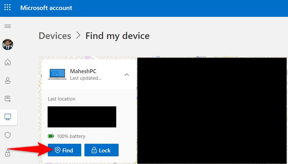 'Find' highlighted for a device on the Microsoft Devices site.