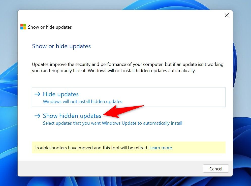 'Show Hidden Updates' highlighted on the Show or Hide updates window.