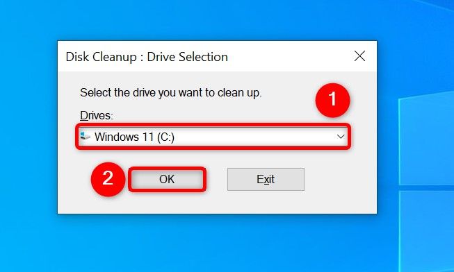 The Windows installation drive and 'OK' highlighted in Disk Cleanup prompt.
