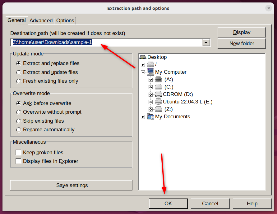 specifying destination path and different mode for extracted rar file in setting context menu.