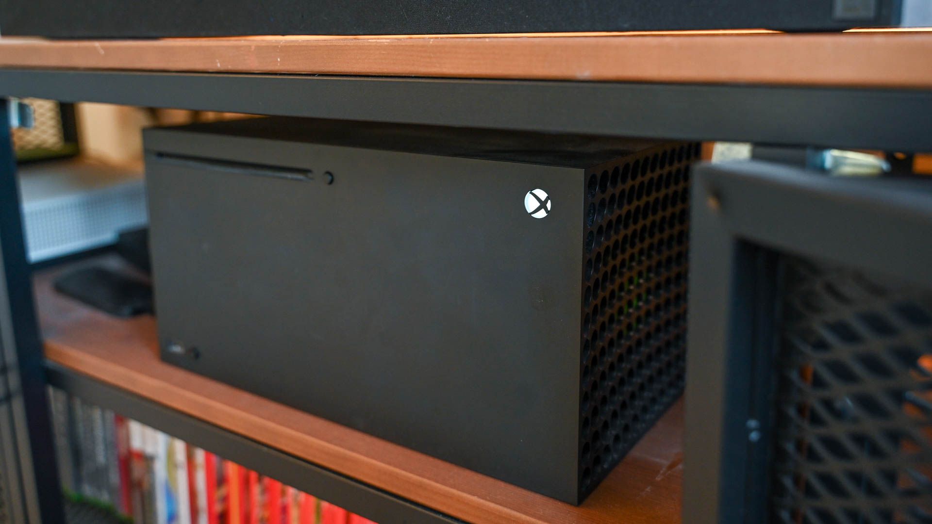 Xbox Series X console in an entertainment unit.